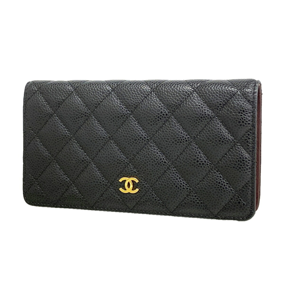 Chanel Matelassé Long Wallet, Caviar Leather, Black, Women's, P3484216